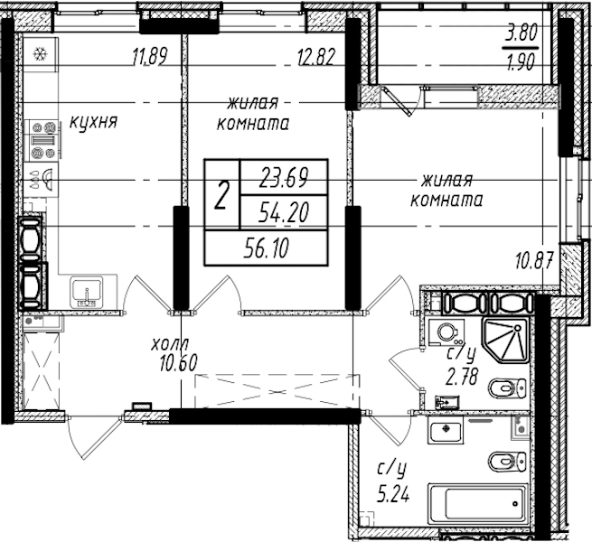 2-комнатная квартира 56.1 м², 24/25 эт., ЖК «Северная Долина»